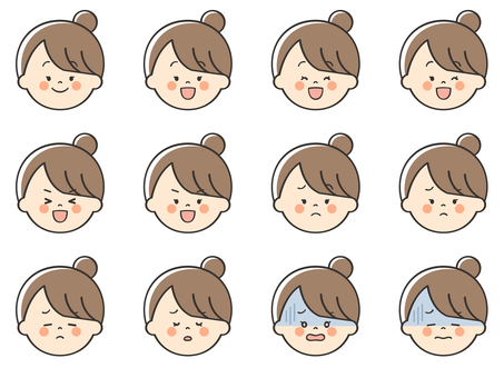 女性のいろいろな表情アイコン05 女性,女,笑顔,嬉しい,楽しい,喜び,楽しみ,ワクワク,困る,不安のイラスト素材