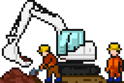 ドット絵のショベルカーを使った工事現場。 ドット絵,ショベルカー,シンプル,建設,現場,重機,作業員,工事,土木,機械のイラスト素材