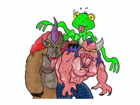 3姉妹だけど似てないのよ・・・ 動物,怪物,3姉妹,舌,上半身,手書きのイラスト素材