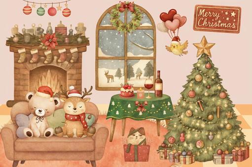 クリスマスポストカード(animal) クリスマス,ポストカード,クリスマスカード,12月,かわいい,癒し,優しい,パステル,動物,ツリーのイラスト素材