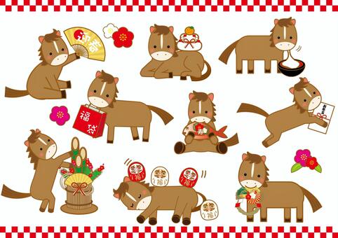 お正月馬セット 馬,うま,ウマ,干支,年賀状,正月,午,扇子,福袋,だるまのイラスト素材
