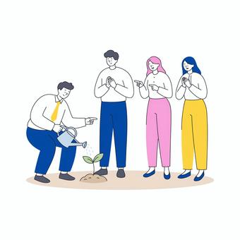 新芽を育てるビジネスチーム 人物,男女,ビジネス,成長,育成,チーム,協力,応援,サポート,アイデアのイラスト素材