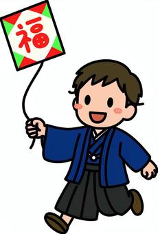 紺の羽織袴の男の子です。 男の子,羽織,袴,凧あげ,シンプル,和装,和服,成人式,卒業式,コスチュームのイラスト素材