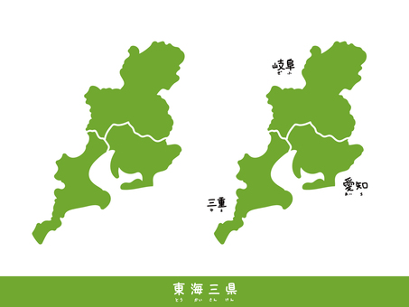 手描きの東海三県のイラスト 東海,地方,地図,緑,愛知,岐阜,三重,分割,日本のイラスト素材