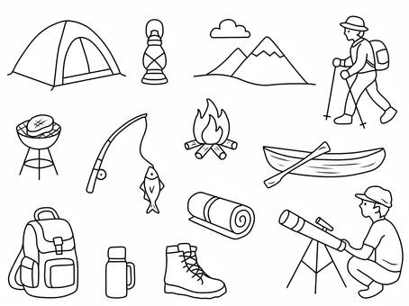 アウトドア　線画セット アウトドア,人,テント,ランタン,山,登山,バーベキュー,魚釣り,焚き火,カヌーのイラスト素材