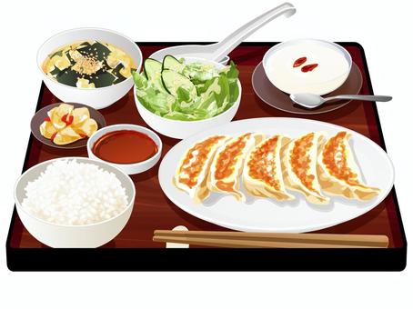 餃子定食 餃子,定食,中華料理,料理,食べ物,ご飯,米,ワカメスープ,ザーサイ,漬物のイラスト素材