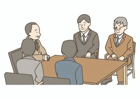 会議をするシニア男性たちのイラスト 会議,打ち合わせ,話し合い,ディスカッション,ミーティング,シニア,高齢者,中高年,男性,ビジネスマンのイラスト素材