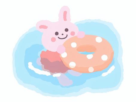 浮き輪で泳ぐうさぎ 泳ぐ,海,うさぎ,動物,にっこり,水着,浮き輪,海の日,夏休み,水泳のイラスト素材