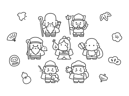 七福神と縁起物 お正月のイラスト素材01 正月,お正月,年賀状,七福神,縁起物,恵比須,大黒天,布袋,だるま,梅のイラスト素材