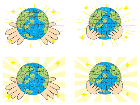 光る地球のパズル 地球,パズル,光,手,守る,セット,イメージ,pop調,手描き,挿絵のイラスト素材