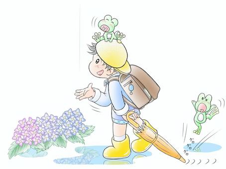 キャラクターイラスト(少年と蛙)0091 キャラクターイラスト(少年と蛙)0091 梅雨,雨上がり,男の子のイラスト素材