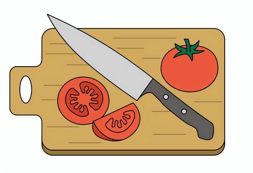 まな板の上のトマトと包丁 トマト,包丁,まな板,調理,キッチン,野菜のイラスト素材