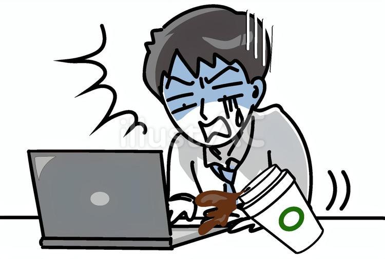コーヒーをパソコンにこぼし青ざめる会社員 コーヒー,困る,冷や汗のイラスト素材