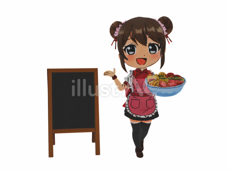 販促黒板と冷やし中華冷麺中華料理女性店員 夏,盛夏,冷やし中華のイラスト素材