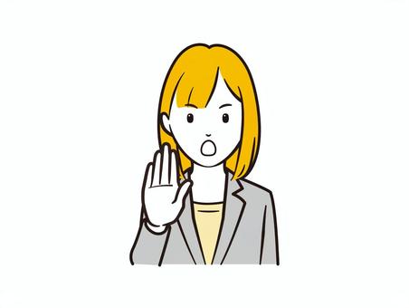 ストップを示すOL女性のイラスト ol,女性,スーツ,ビジネス,ストップ,注意,制止,禁止,警告,手のひらのイラスト素材