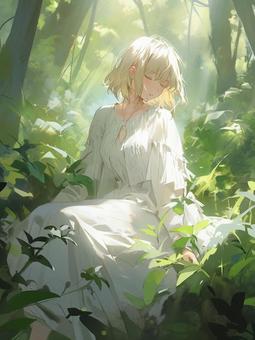 Illustration, girl, woods, blond hair, 