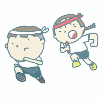 男の子女の子リレー(運動会) 手描き,男の子,少年,男子,女の子,少女,女子,運動会,運動,体育祭のイラスト素材
