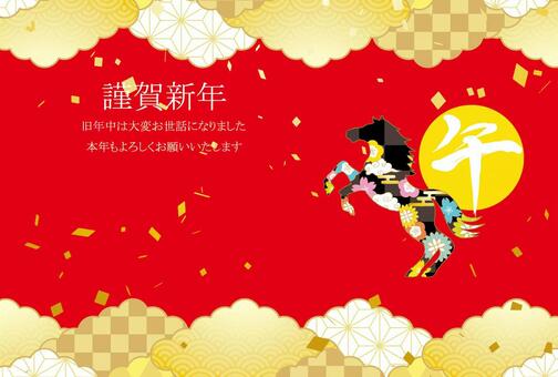 正月和風和柄年賀状 馬,午年,動物,年賀状,和柄,和風,正月,可愛い,美しい,ベクターのイラスト素材