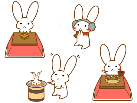 ゆるいうさぎの冬の日常セット うさぎ,兎,動物,キャラクター,セット,冬,日常,こたつ,イヤーマフ,餅のイラスト素材