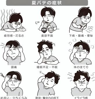 モノクロの夏バテの症状・男性 モノクロ,白黒,グレー,夏バテ,症状,不調,体調,セット,大人,成人のイラスト素材