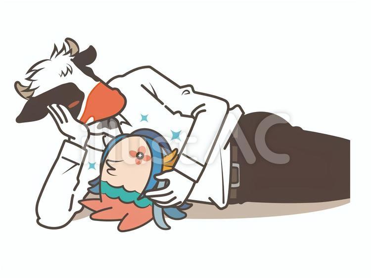 マスクをした牛のビジネスマン＆アマビエ 牛,アマビエ,丑のイラスト素材