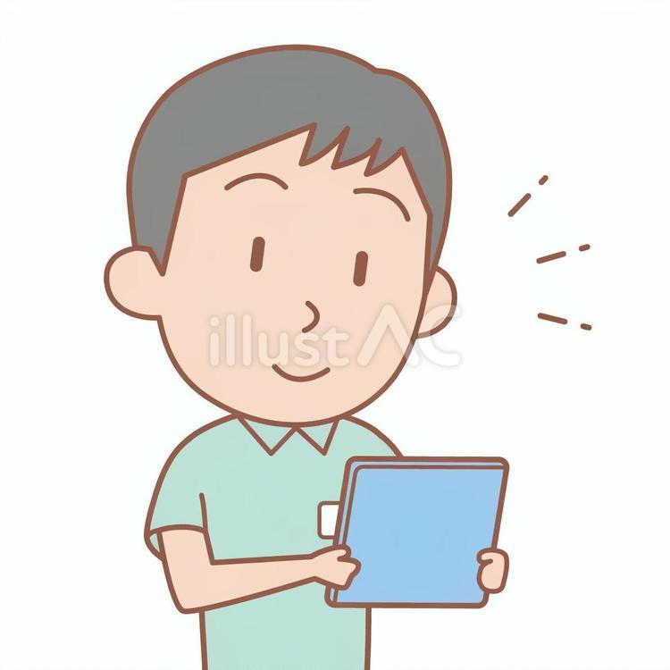 タブレットを見る若い男性介護職員の上半身 タブレット,介護職員,男性のイラスト素材
