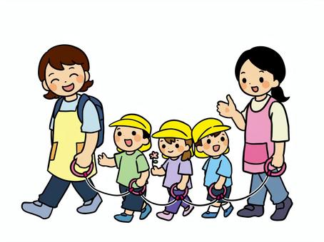 お散歩する保育園児 保育園,散歩,ロープ,保育士,子供,男の子,女の子,外出,エプロン,女性のイラスト素材