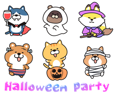 Halloween Party_04 犬,猫,熊,たぬき,きつね,動物,手描き,あしらい,ハロウィン,halloweenのイラスト素材