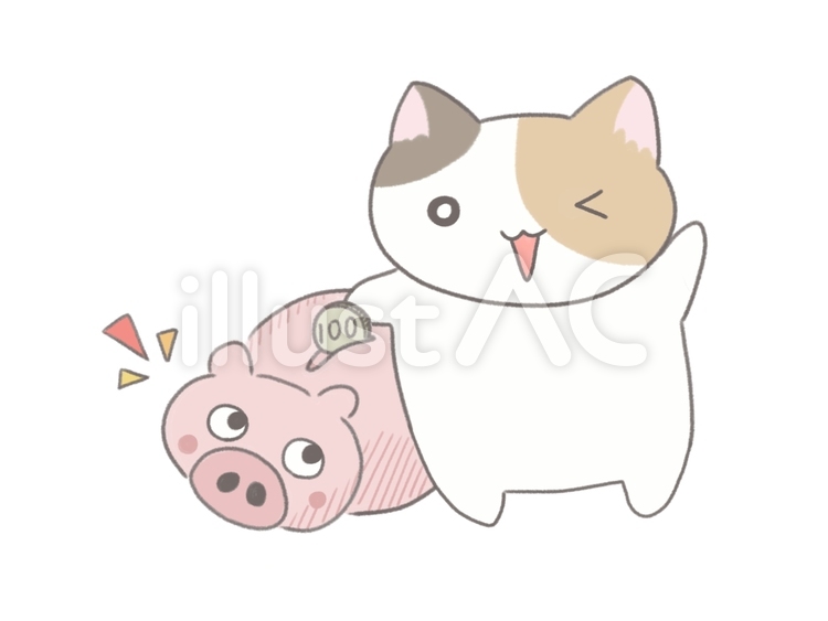 貯金するしっかり者の三毛猫 貯金箱,貯金,節約のイラスト素材