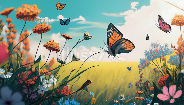 花の周りを舞う蝶々の風景＿オオカバマダライラスト - No: 23557342