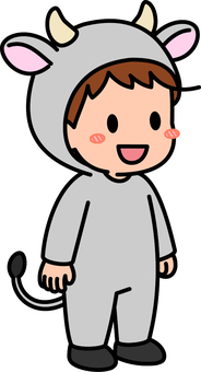 グレーの牛コスの男の子です。 牛,コスプレ,シンプル,コスチューム,着ぐるみ,角,耳,しっぽ,動物,キャラクターのイラスト素材