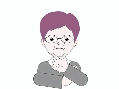 あごに手をあてて考える紫ヘアの人物 高齢者,お年寄り,年配,シニア,マダム,おばあちゃん,祖母,義母,姑,考えるのイラスト素材