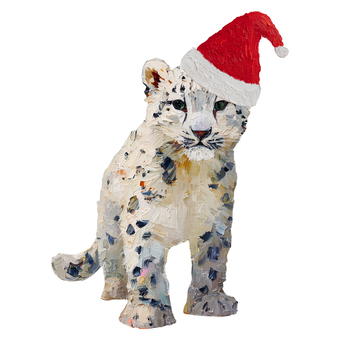 ユキヒョウクリスマスイラスト ユキヒョウ,クリスマス,サンタ帽,冬,動物,かわいい,ゆるかわ,厚塗り,油絵,アートのイラスト素材