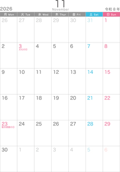シンプル_2026_11_縦_月始 シンプル_2026_11_縦_月始 カレンダー,2026,11月,november,令和8年,月曜日始め,おしゃれ,かわいい,冬,記念日なしのイラスト素材