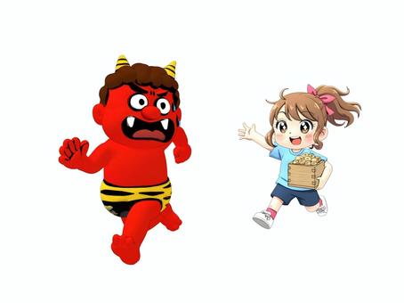 節分鬼は外の赤鬼と福は内の福豆をまく女性 節分,鬼,豆,マメ,豆撒き,まめまき,まめ,赤鬼,節分鬼,おにのイラスト素材