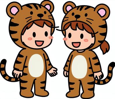 茶色の虎コスの子供たちです。 虎,コスプレ,シンプル,着ぐるみ,コスチューム,イベント,パーティー,耳,しっぽ,動物のイラスト素材