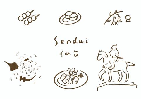 手描き仙台の素材セット 線画 仙台,sendai,宮城,東北,牛タン,仙台グルメ,ずんだ,笹かま,七夕飾り,伊達政宗のイラスト素材