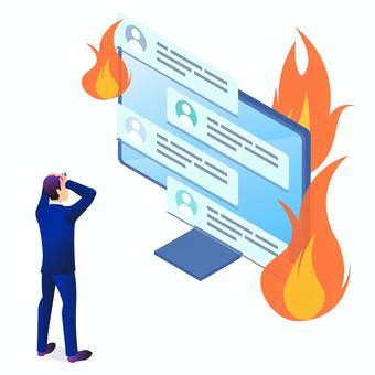 炎上しているサラリーマン 炎上,sns,アイソメトリック,男性,不祥事,pc,サラリーマン,批判,誹謗中傷,トラブルのイラスト素材