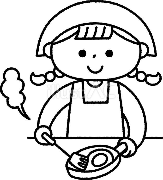 目玉焼きを作る女の子モノクロ 人物,料理,目玉焼きのイラスト素材