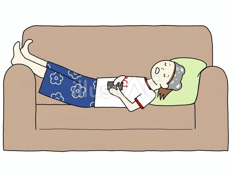 部屋着ガールA（ソファでうたた寝） 女性,パジャマ,リラックスのイラスト素材