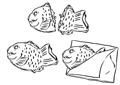 たい焼き3種　墨筆 たい焼き,カスタード,あんこ,抹茶,半分,断面,中身,和菓子,屋台,食べ物のイラスト素材