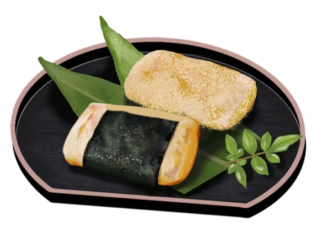 磯辺焼きときな粉餅 磯辺焼き,磯辺巻き,きな粉餅,餅,磯辺餅,黒半月盆,正月,2個,食べ物,日本食のイラスト素材