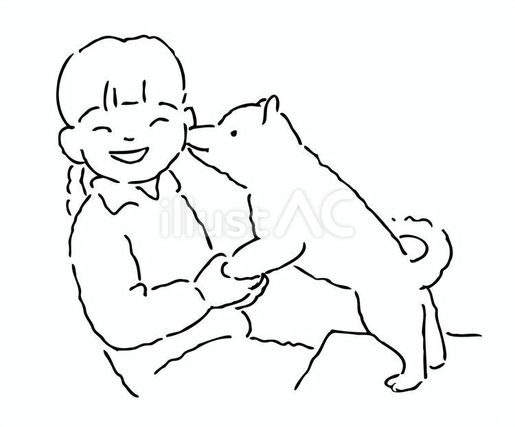 犬と戯れる女の子（線画） 女子,装飾,犬のイラスト素材