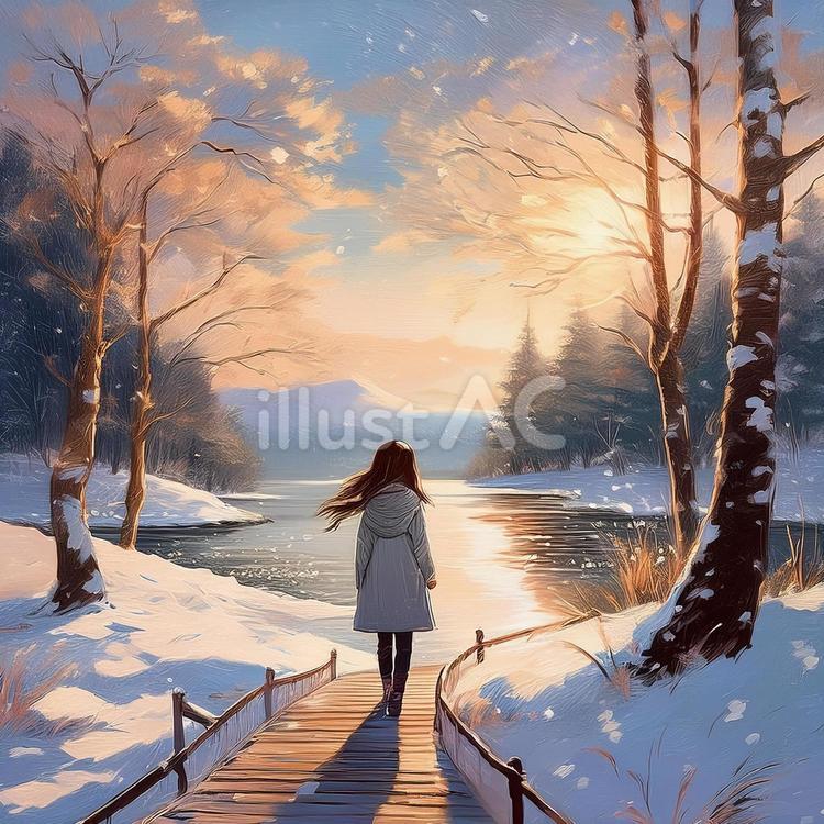 冬の湖畔を散歩 冬の湖畔を散歩 人物,女性,1人のイラスト素材