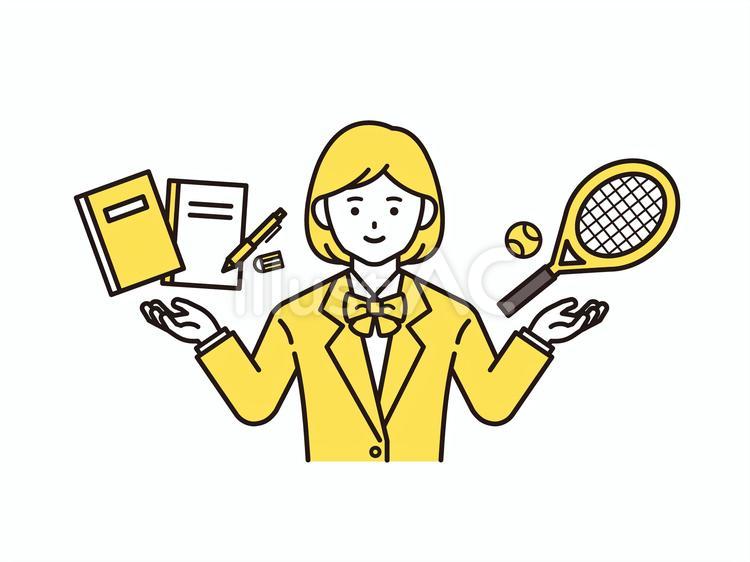 勉強と部活を両立する女子学生B（黄色） 学生,文武両道,部活のイラスト素材