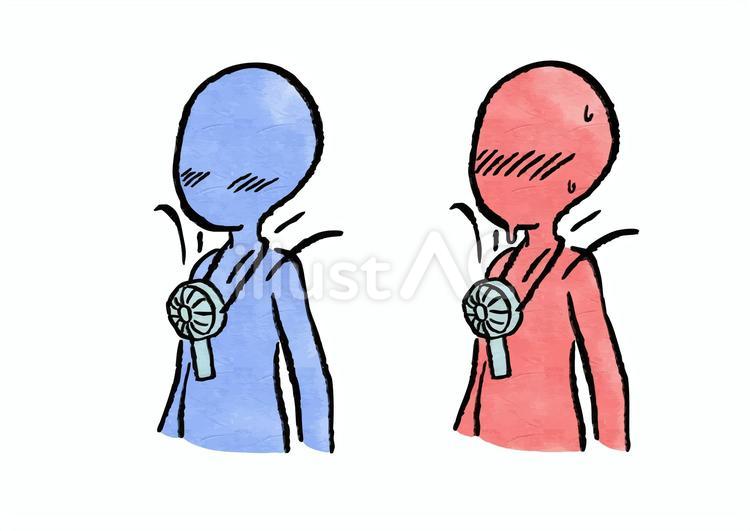 首掛けハンディファンで涼む人2種　墨筆 ハンディファン,首掛け,紐のイラスト素材