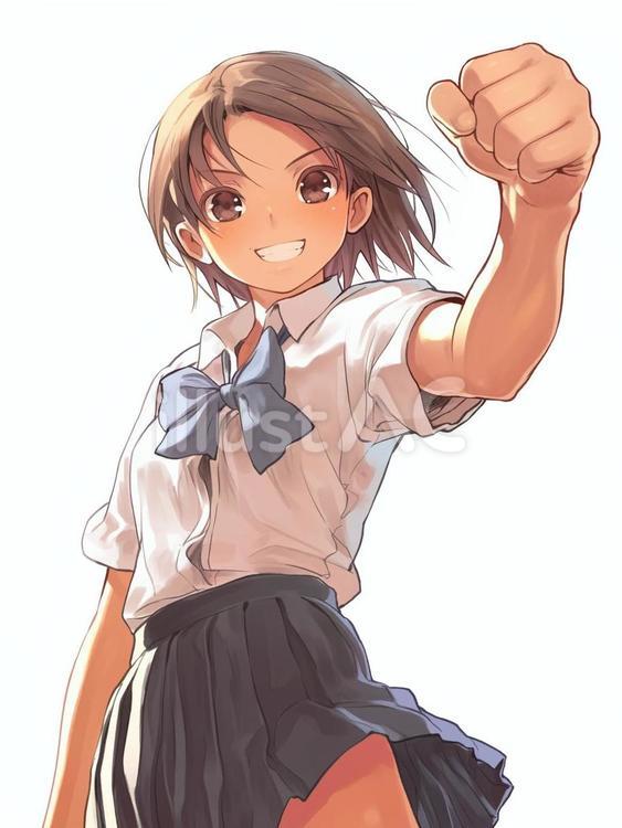 笑顔で拳を前に出している女子学生 女の子,学生,中学生のイラスト素材