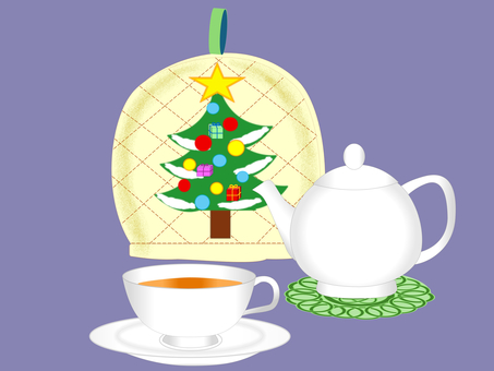 紅茶とクリスマスツリー柄ティーコージー ティーコージー,クリスマスツリー,アップリケ,ティーポット,ティーカップ,ソーサー,紅茶,ティータイムのイラスト素材