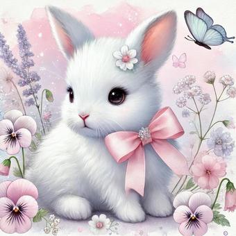 Spring color ribbon rabbit, JPG Spring color ribbon rabbit, rabbit, watercolor style, ribbon, JPG