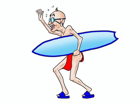 へぇ～い彼女、お茶しなぁ～い 人物,大人,男性,おじいさん,元気,赤ふん,ふんどし,サーファー,サーフボード,ゴーグルのイラスト素材